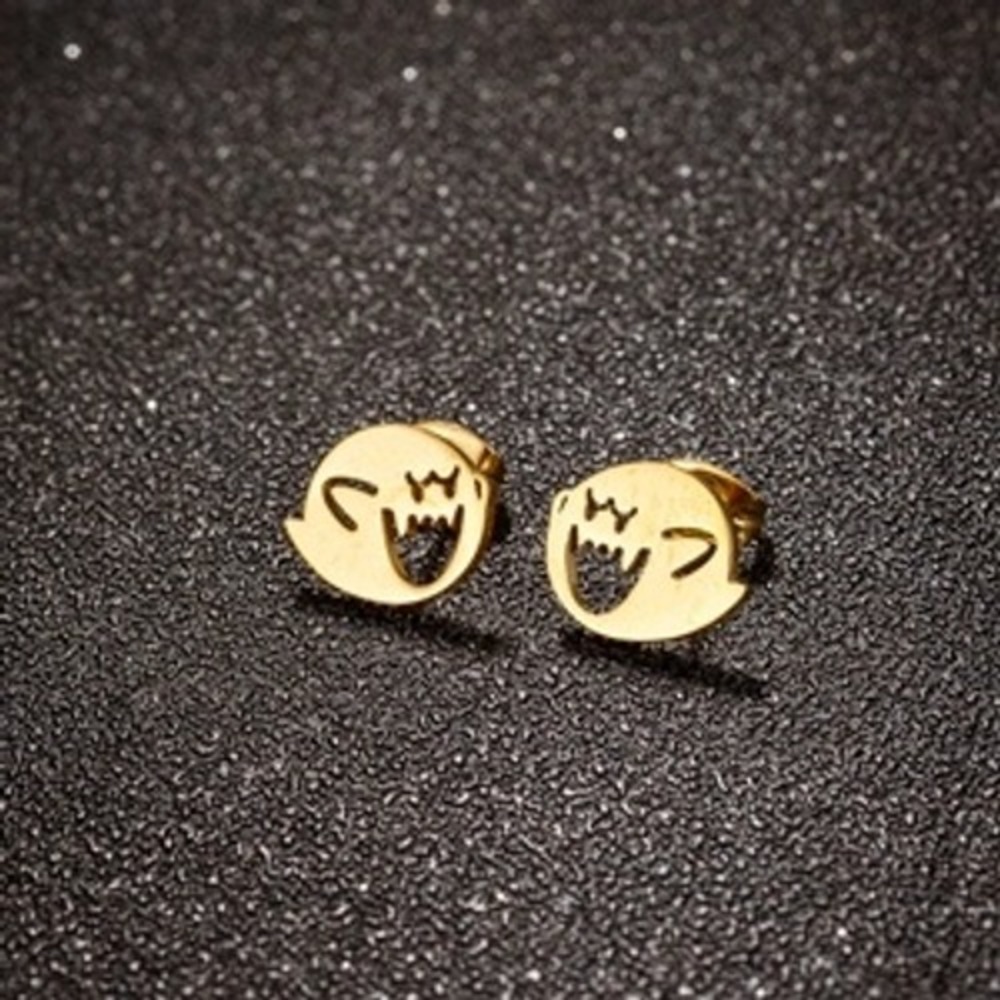 Gold Stainless Steel Boo Ghost Stud Earrings Super Mario Video Game Jewelry